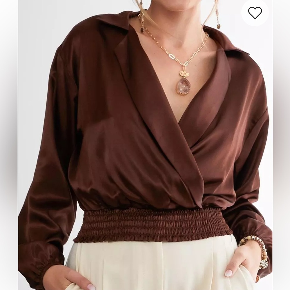 Chic Brown Satin Wrap Blouse